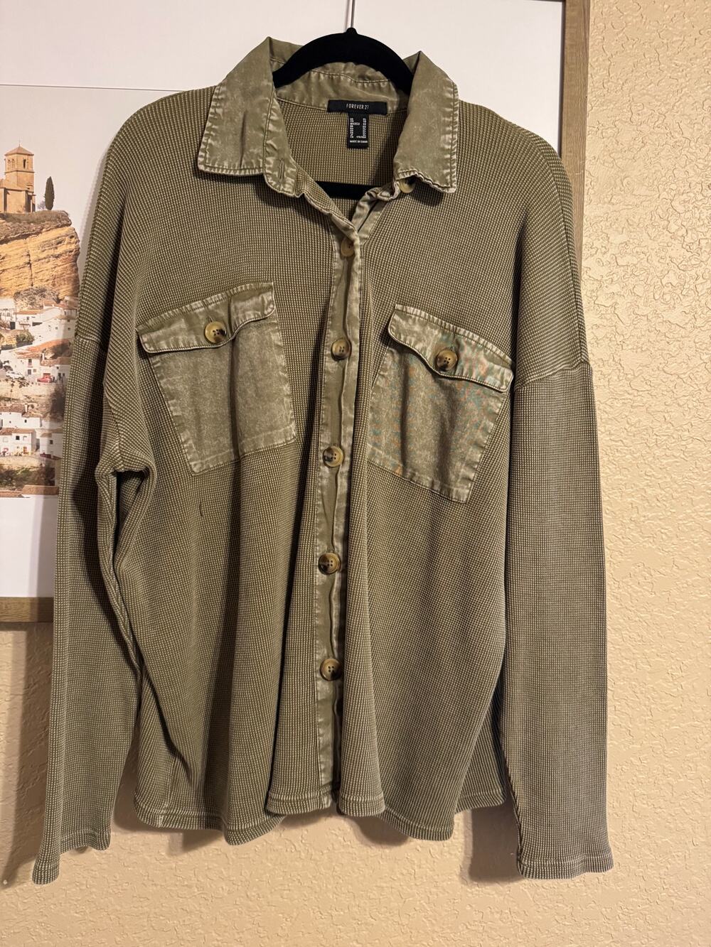 Forever 21 Women's XL Olive Green Mineral Wash Waffle Knit Button Up Shacket